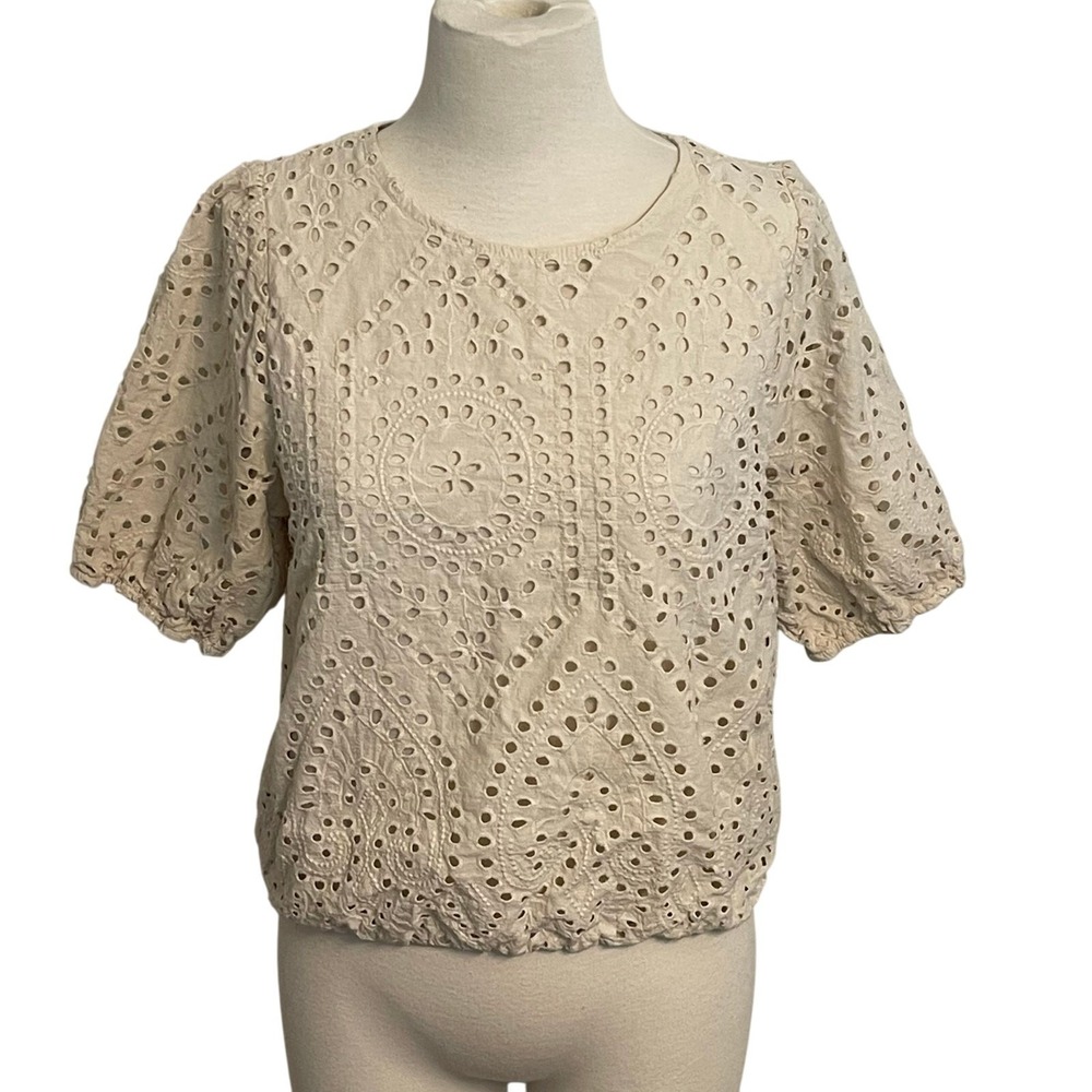 Urban Romantics Cream‎ Eyelet Lace Puff Sleeve Bubble Hem Cotton Top Large